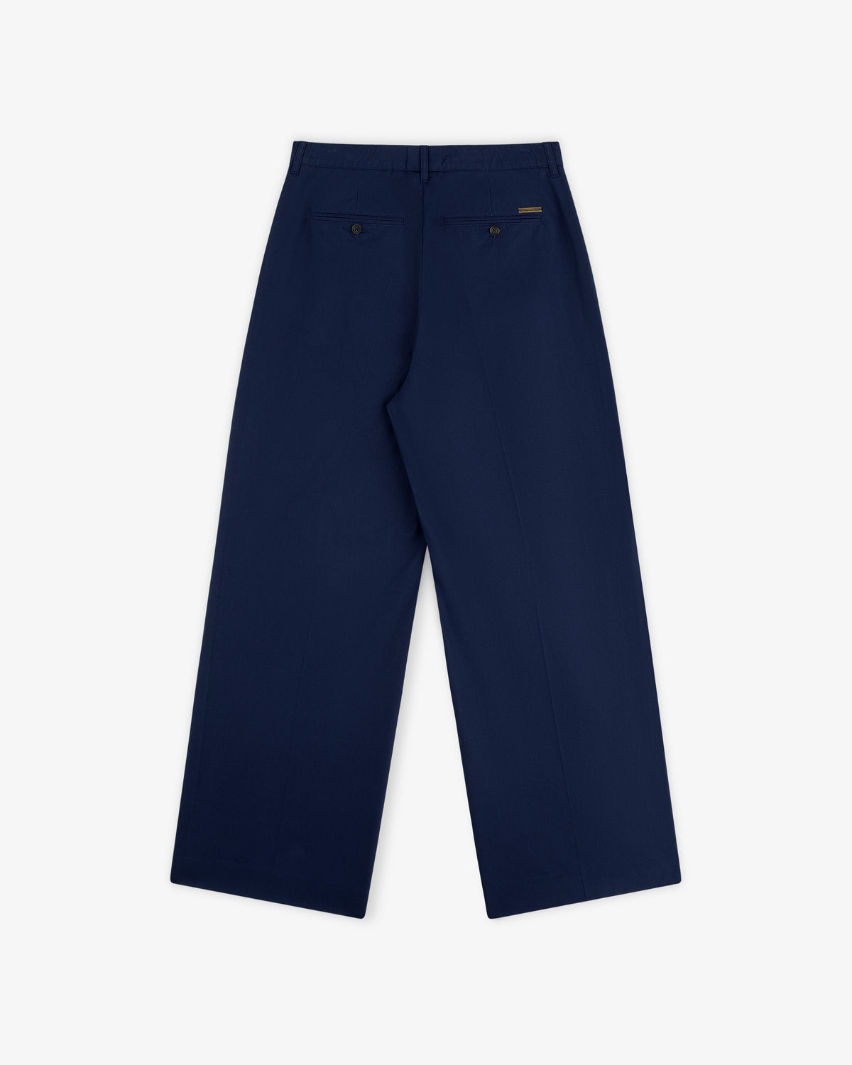 Lightweighted Pleated Cotton Trouser in navy blue, wide-leg style with two buttoned welt back pockets.