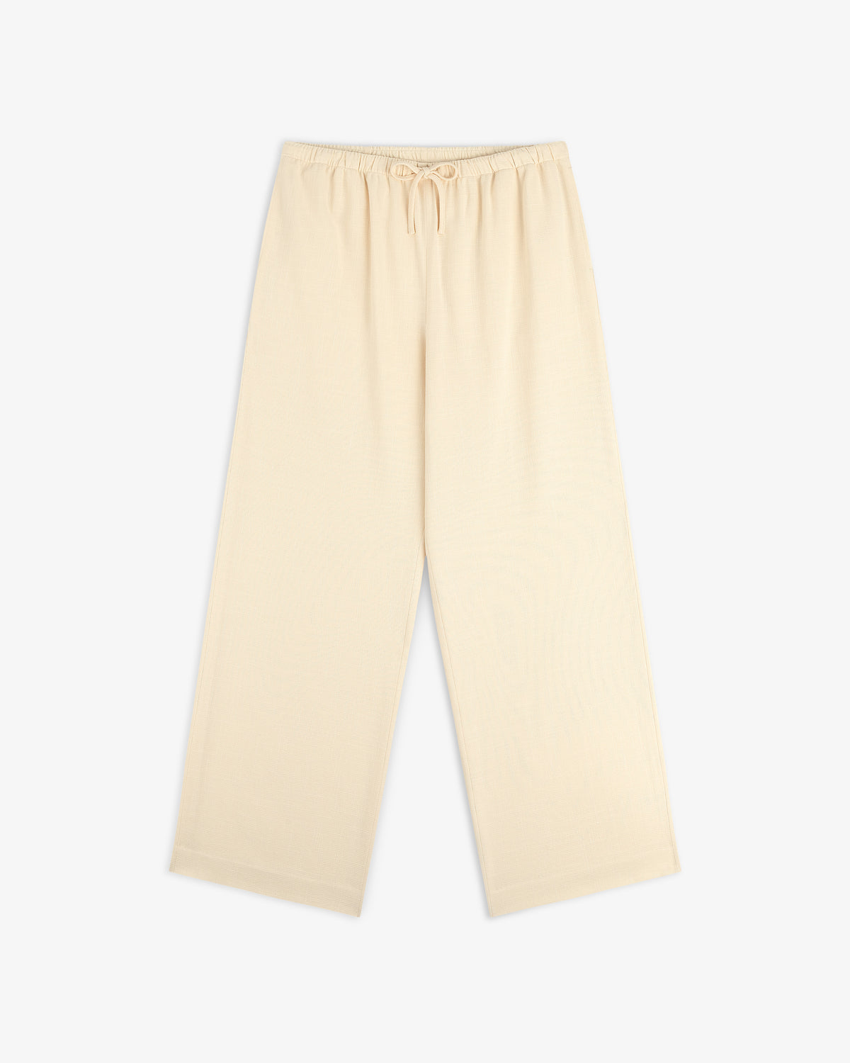 Drawstring Cotton Blend Suit Trouser in beige with wide legs and elastic waistband, shown on a white background.