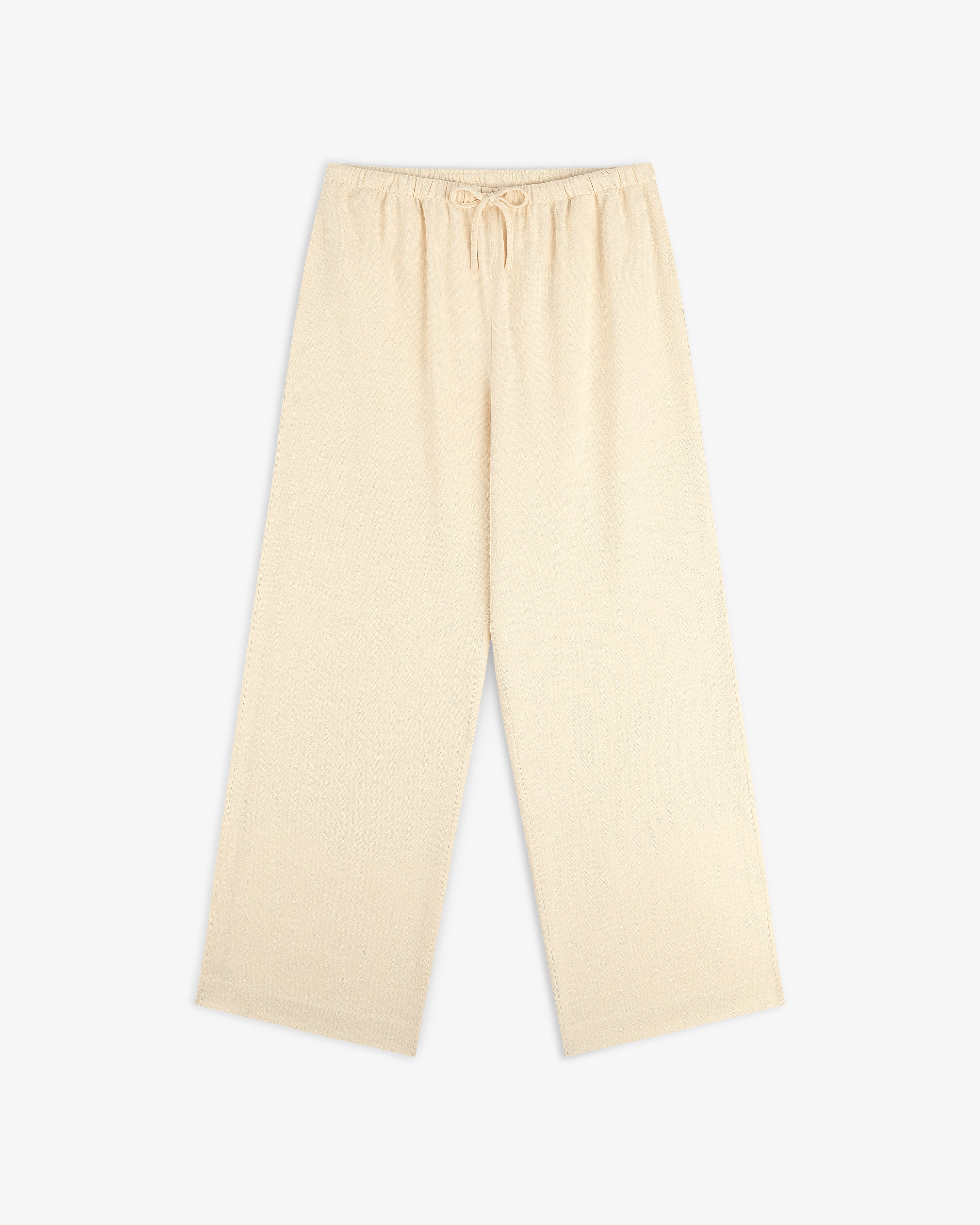 Drawstring Cotton Blend Suit Trouser in beige with wide legs and elastic waistband, shown on a white background.