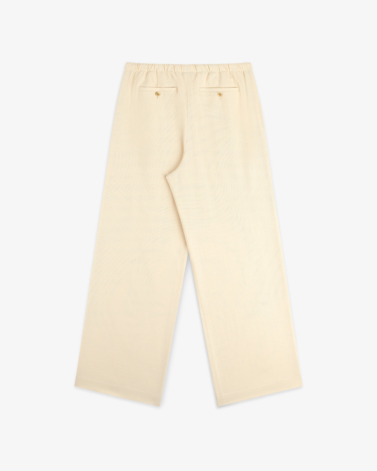 Drawstring Cotton Blend Suit Trouser in beige with wide legs, elastic waist, and two back pockets shown on white.