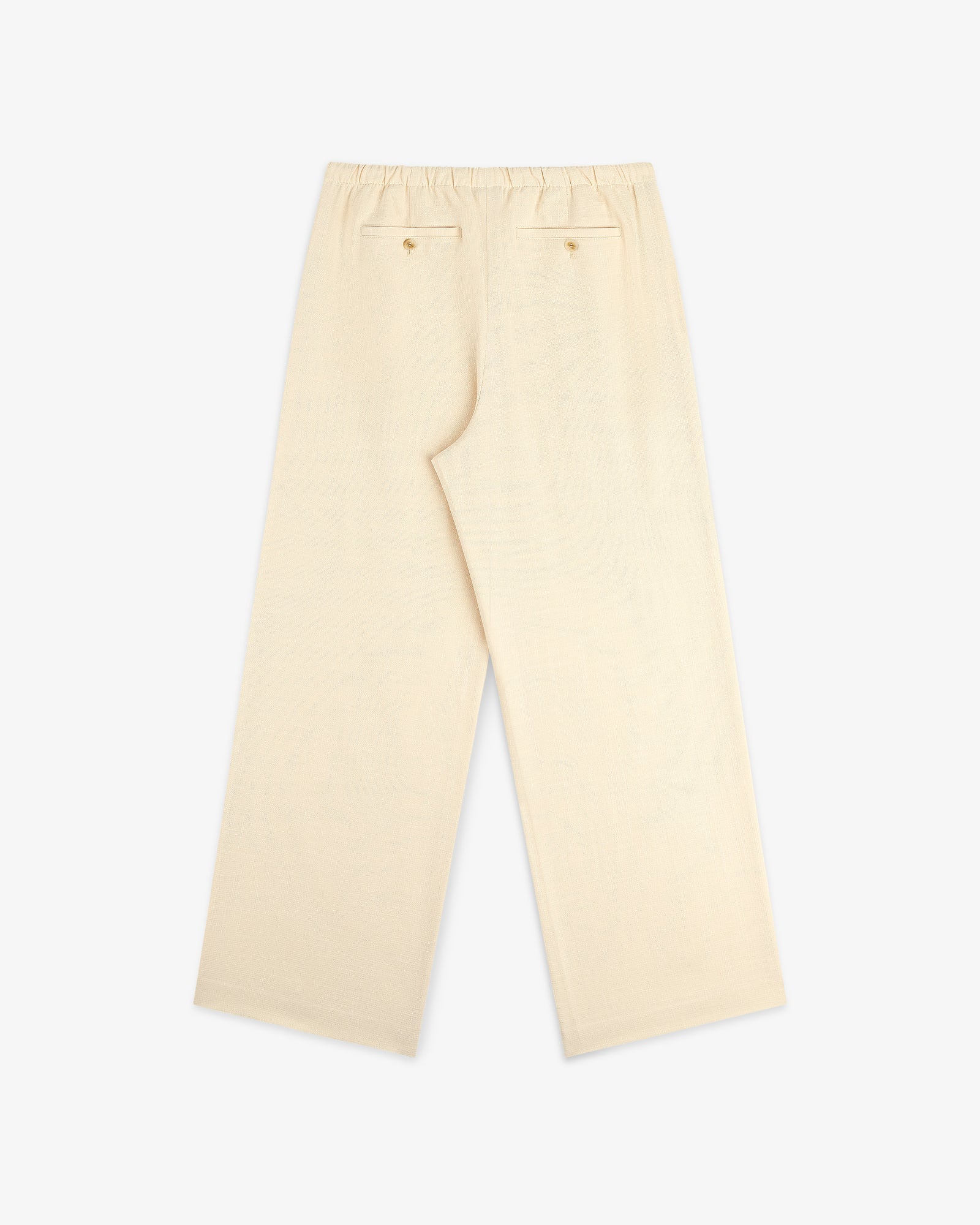 Drawstring Cotton Blend Suit Trouser in beige with wide legs, elastic waist, and two back pockets shown on white.