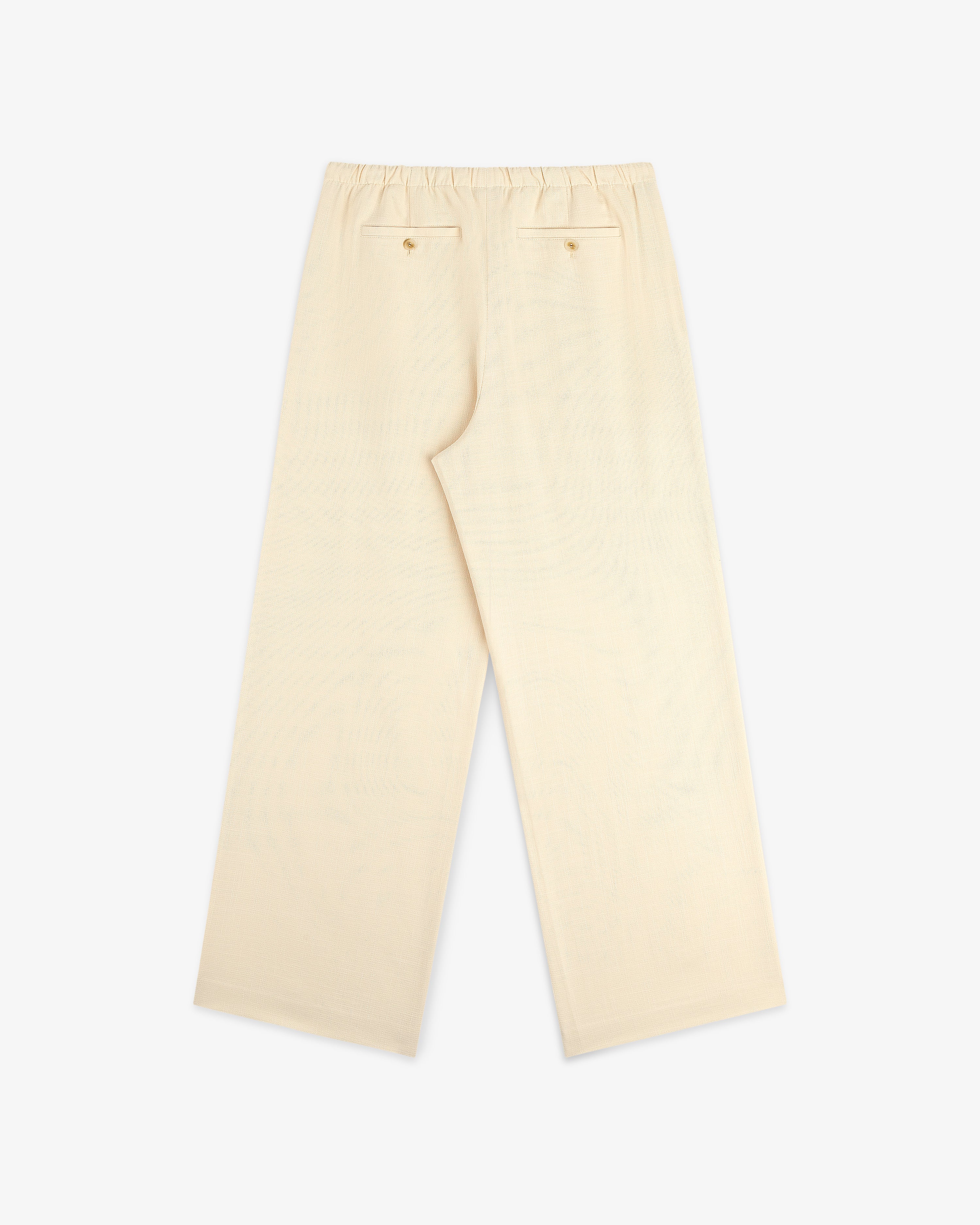 Drawstring Cotton Blend Suit Trouser in beige with wide legs, elastic waist, and two back pockets shown on white.