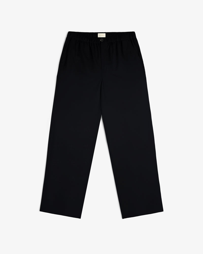 Elasticated Waist Gabardine Trouser in black, straight-leg with button closure and relaxed fit, on a white background.