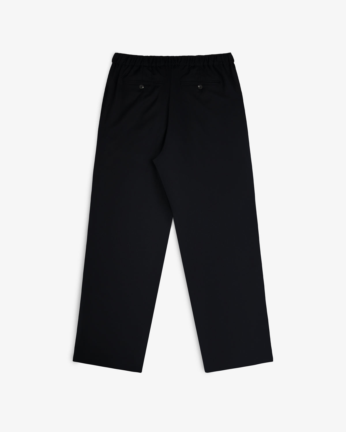 Elasticated Waist Gabardine Trouser, black with straight legs and two back pockets, laid flat on white background.