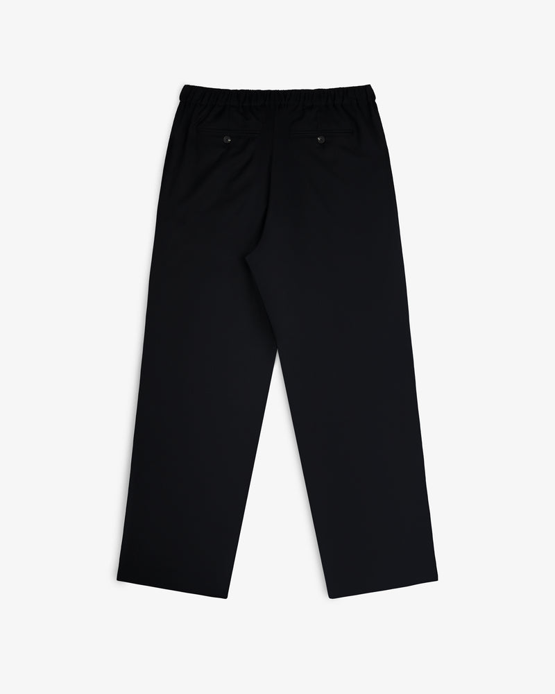 Elasticated Waist Gabardine Trouser, black with straight legs and two back pockets, laid flat on white background.
