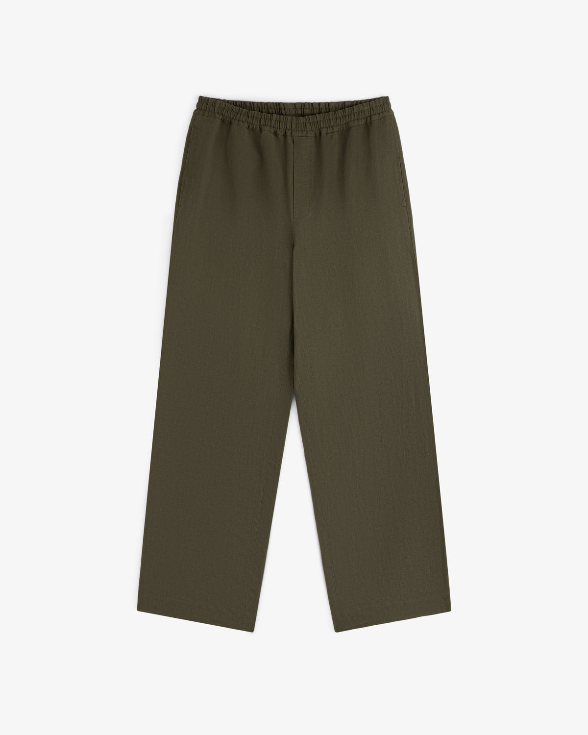 Linen Leisure Pant in olive green with wide legs and elastic waistband, shown laid flat on a white background.
