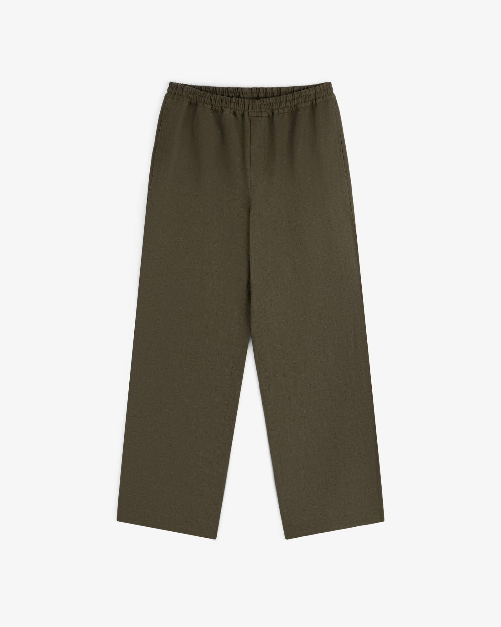 Linen Leisure Pant in olive green with wide legs and elastic waistband, shown laid flat on a white background.