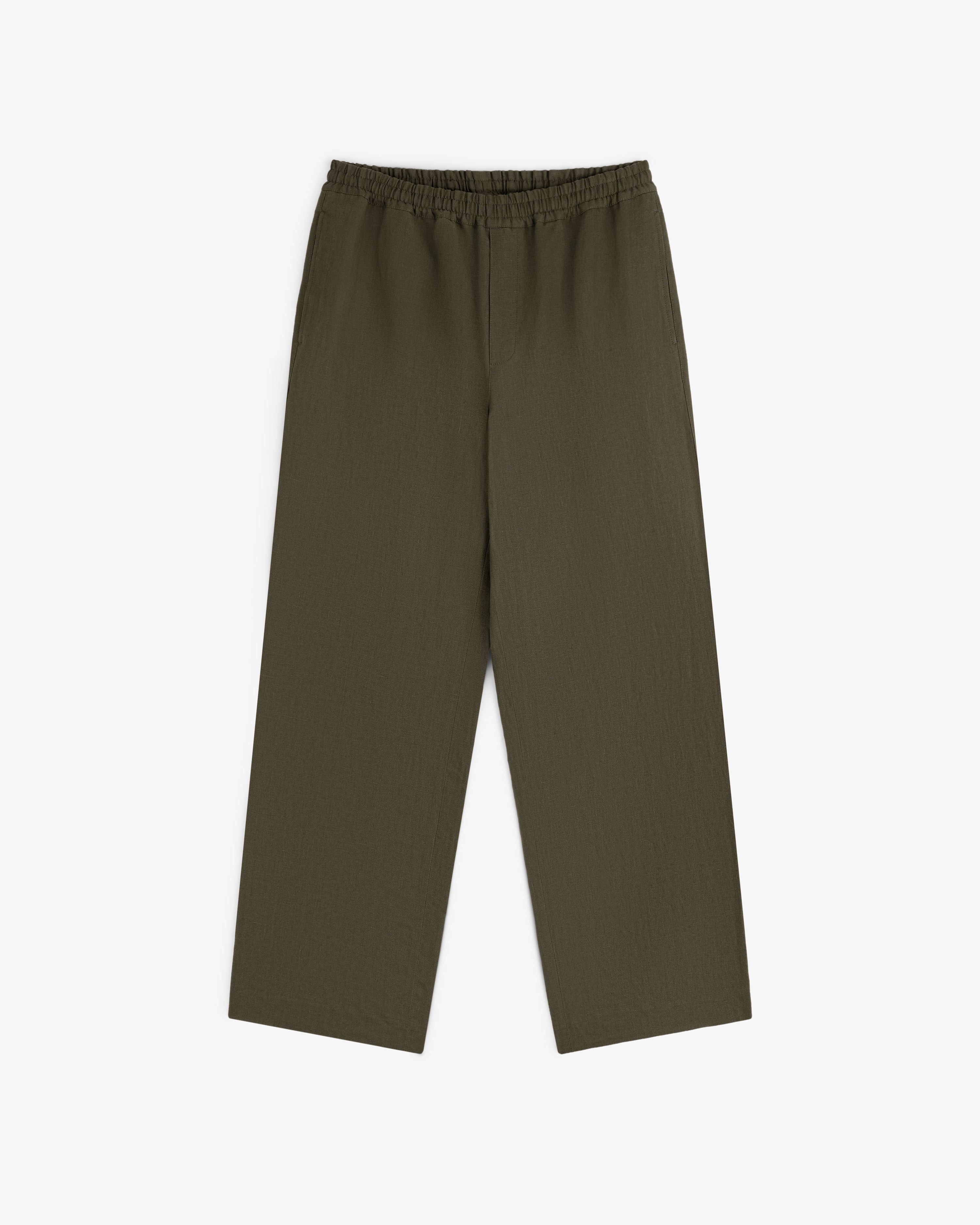 Linen Leisure Pant in olive green with wide legs and elastic waistband, shown laid flat on a white background.