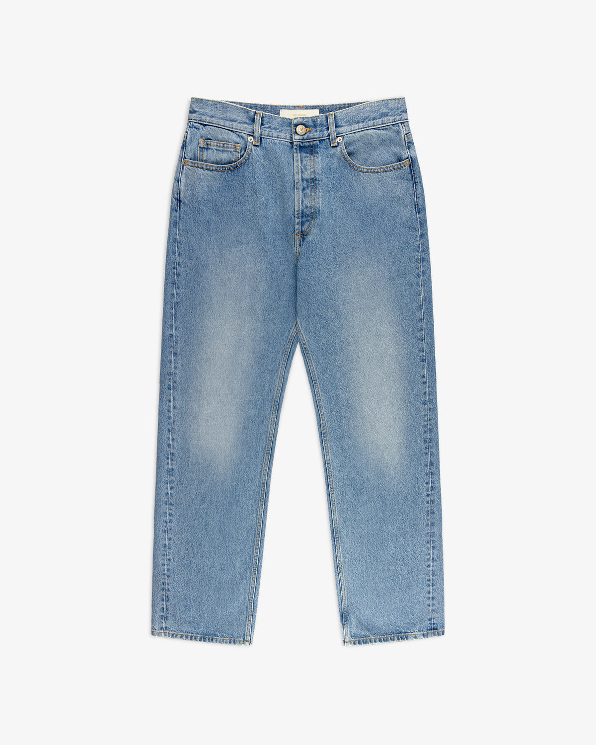 ALD Straight Fit Denim in light blue with button closure, front and back pockets, shown laid flat on a white background.