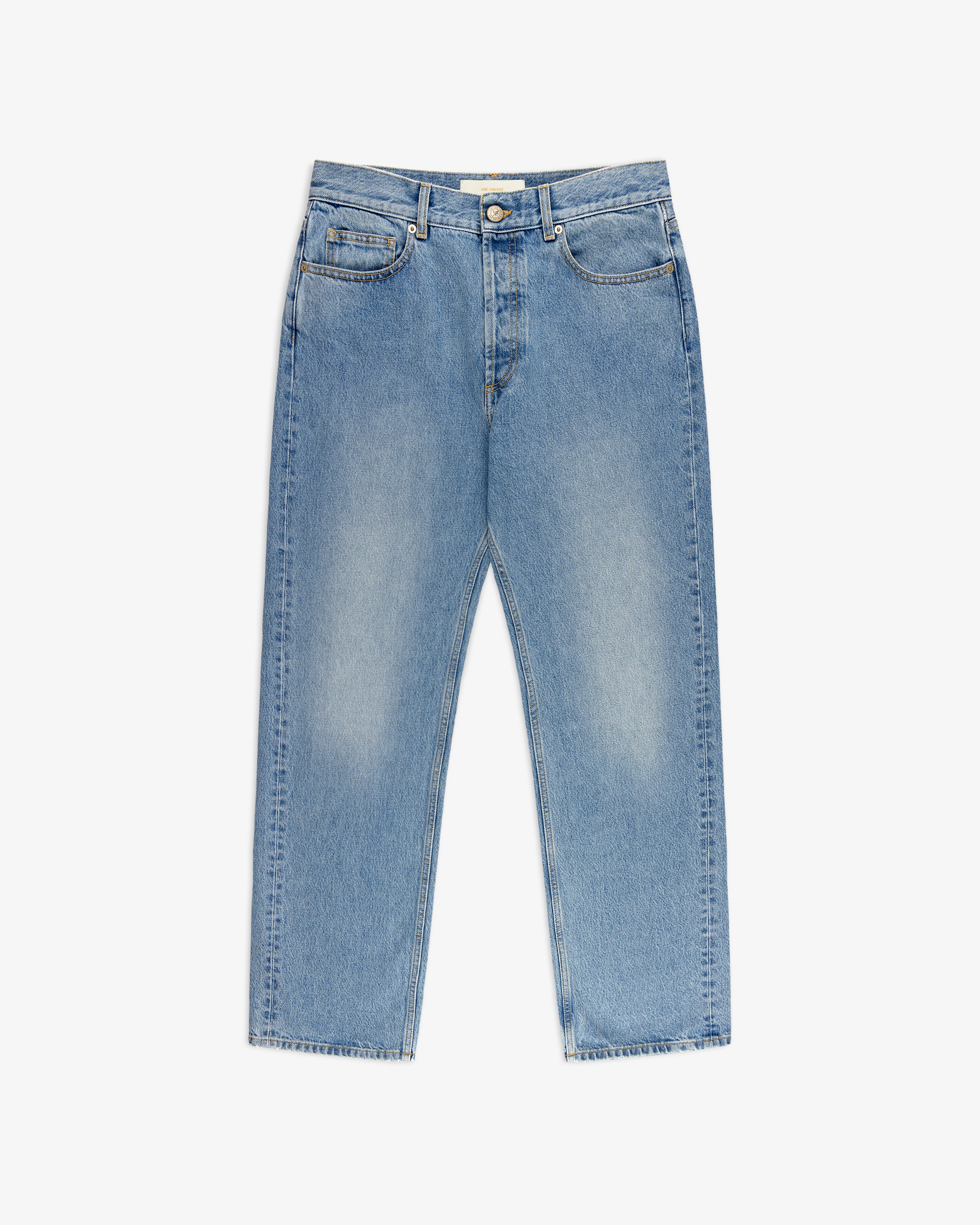 ALD Straight Fit Denim in light blue with button closure, front and back pockets, shown laid flat on a white background.
