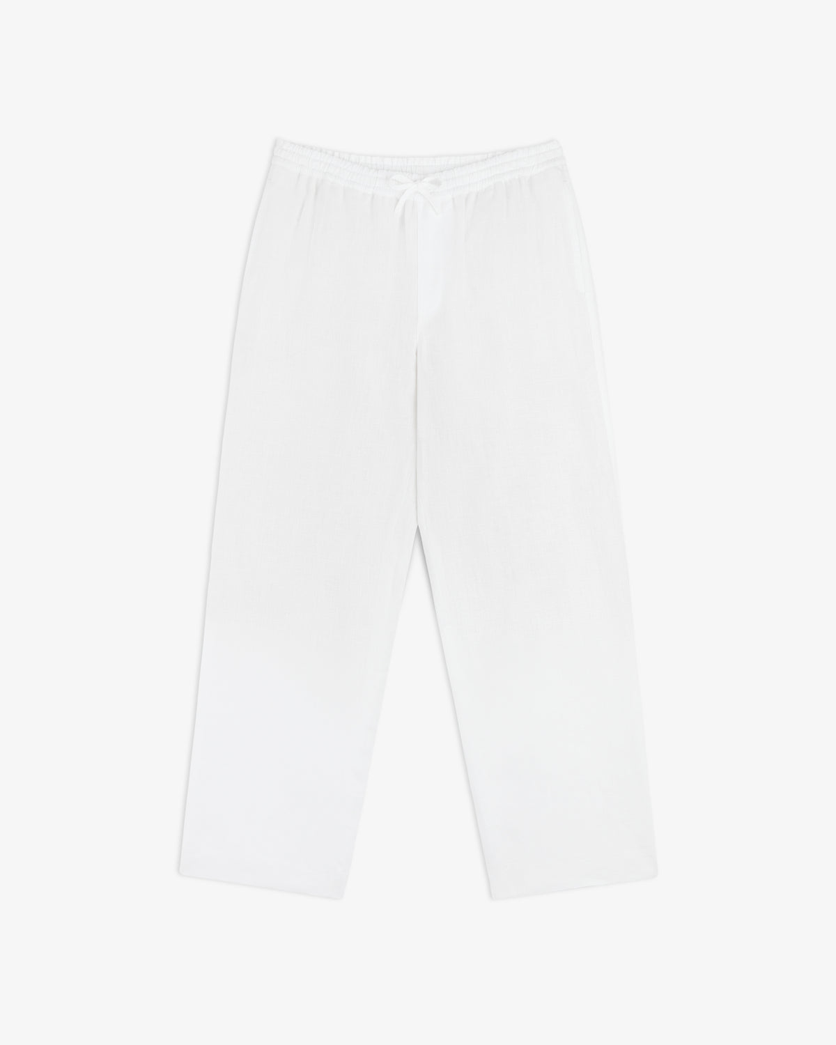 Linen Leisure Pant: white, loose-fitting with elastic waistband and drawstring, shown flat on white background.