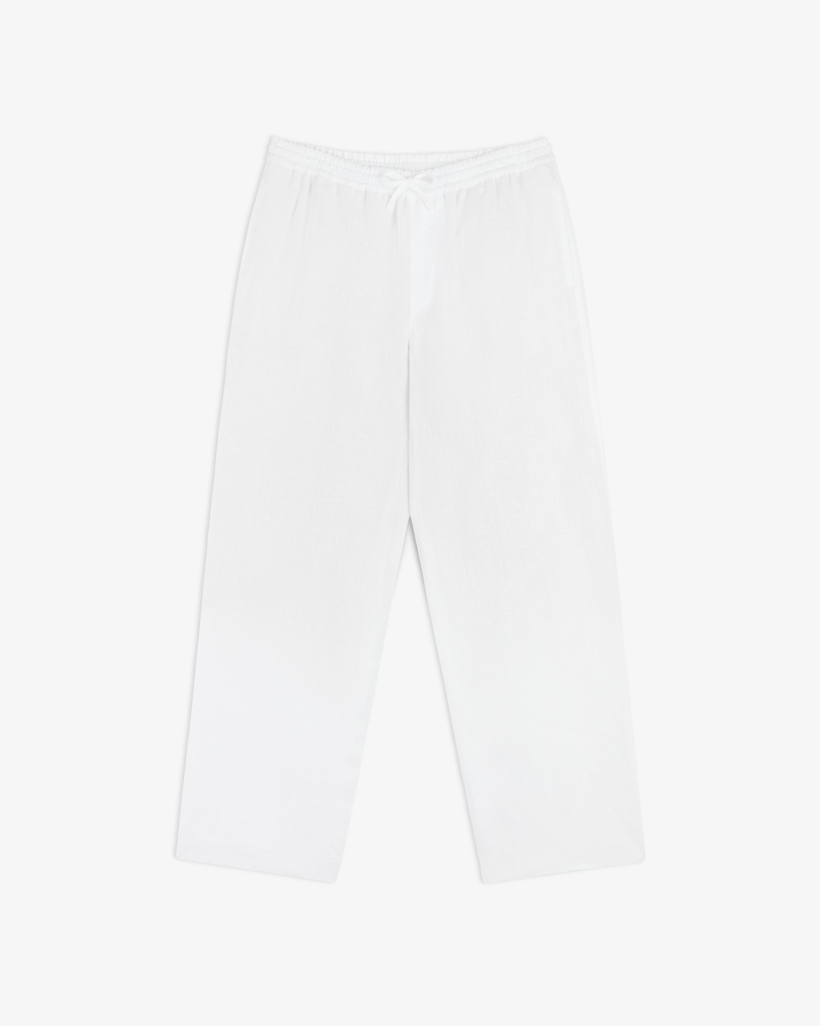 Linen Leisure Pant: white, loose-fitting with elastic waistband and drawstring, shown flat on white background.