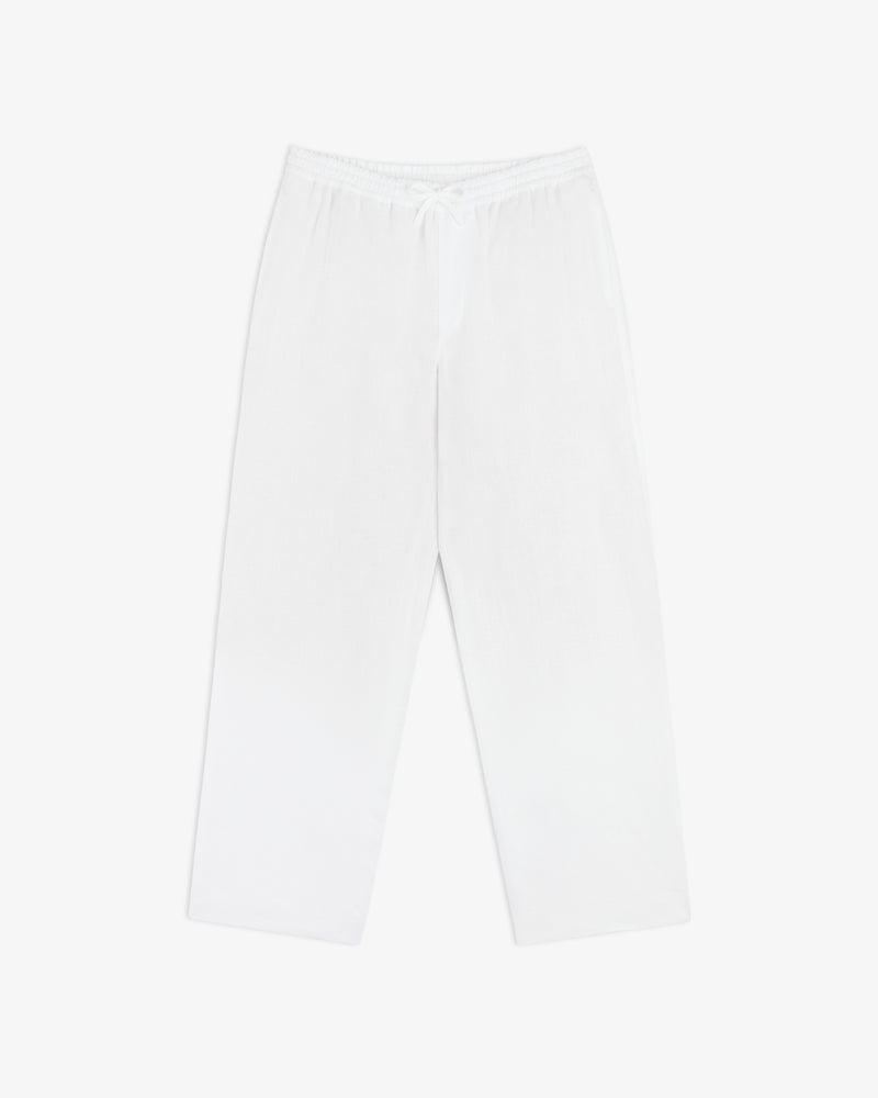 Linen Leisure Pant: white, loose-fitting with elastic waistband and drawstring, shown flat on white background.