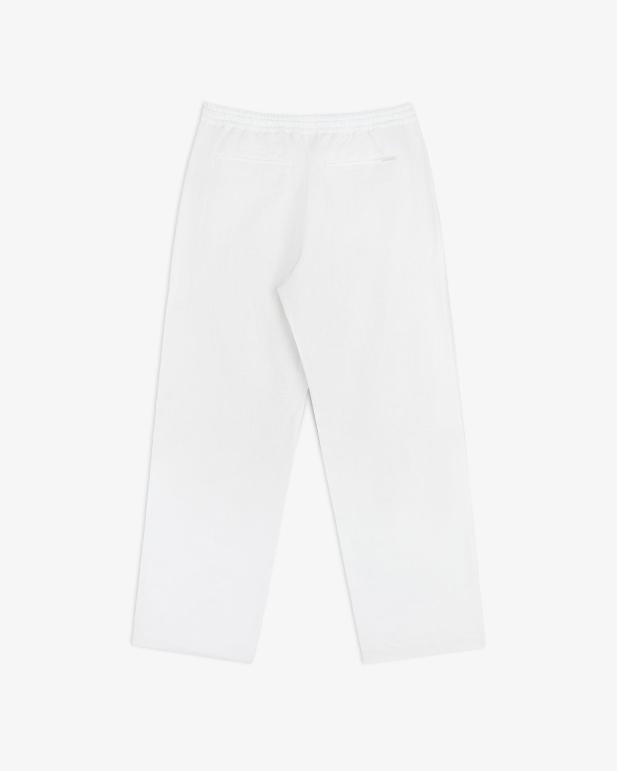 Linen Leisure Pant in white with straight legs, elastic waistband, and one back pocket on a white background.