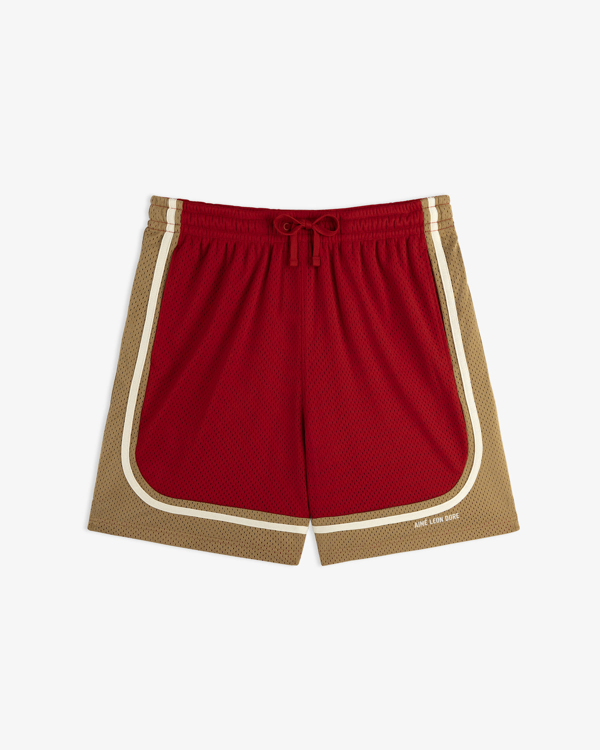 Colorblock Court Short: red and tan with white trim, drawstring waist, plus small text on the lower right leg.