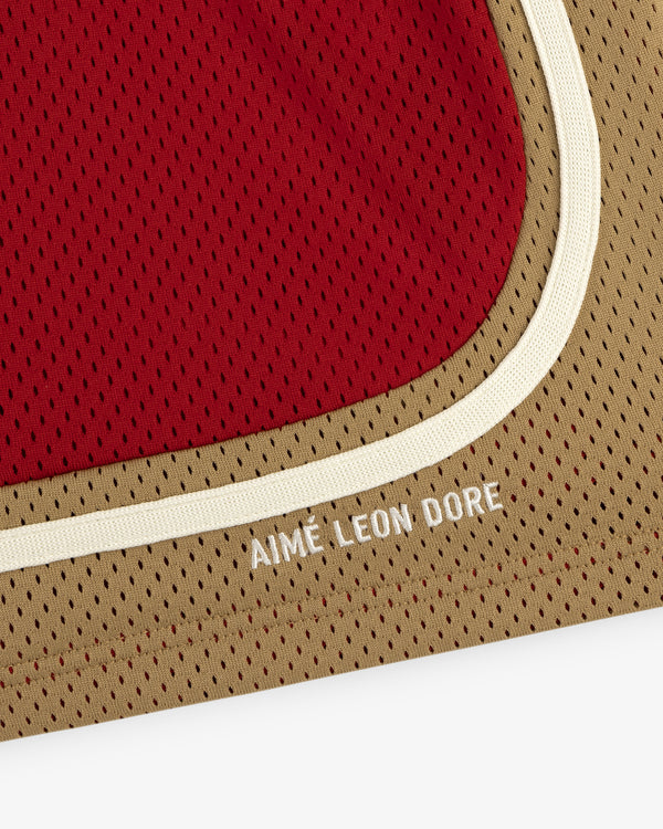 Close-up of mesh fabric in red, beige, and cream on the Colorblock Court Short with white AIMÉ LEON DORE text.