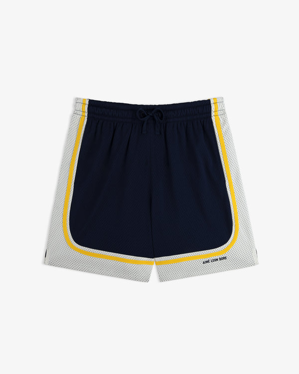 Colorblock Court Short: navy blue with white mesh sides, yellow trim, and a drawstring waistband.