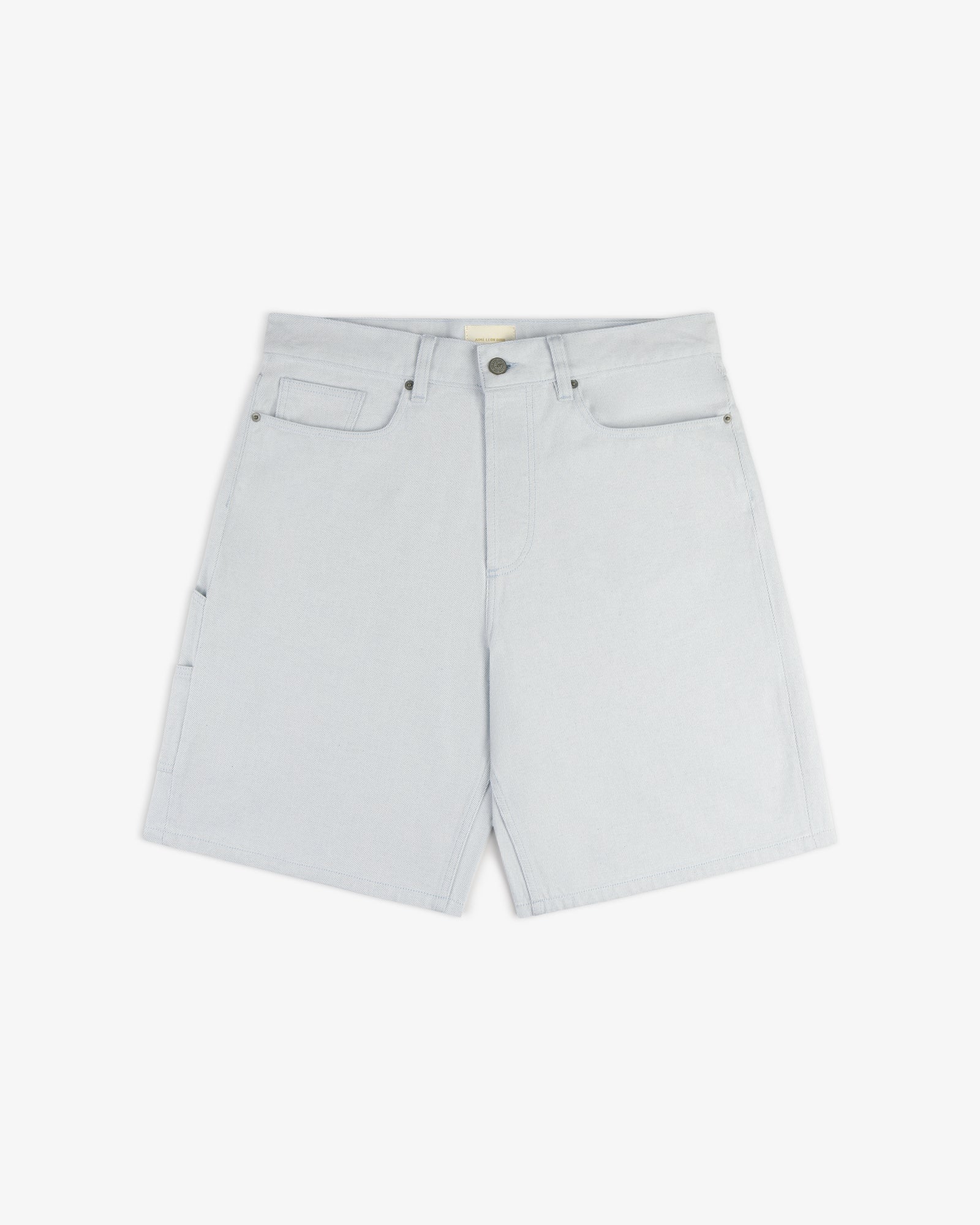 Light Wash Denim Short with front and side pockets, belt loops, and a button fly, laid flat on a white background.
