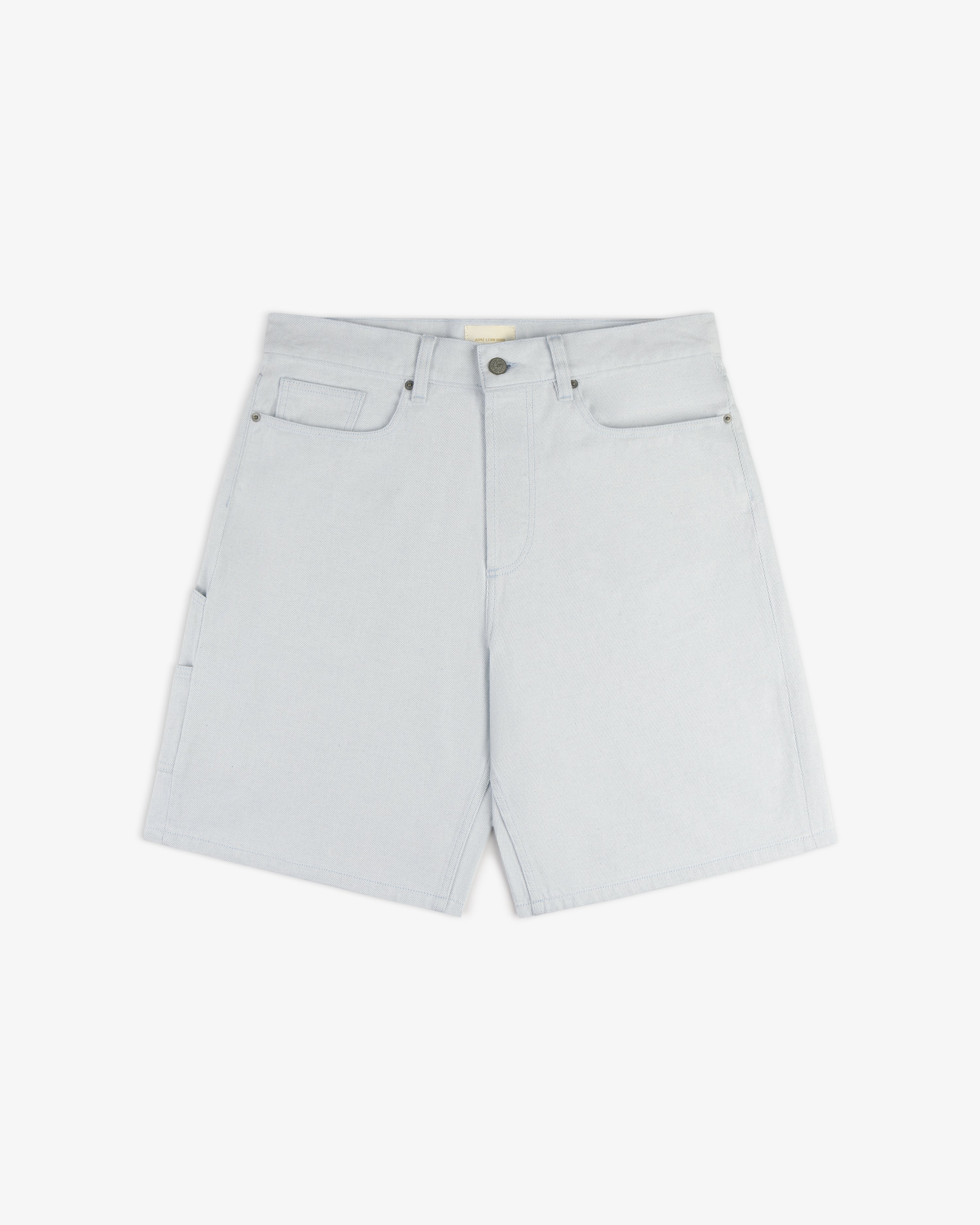 Light Wash Denim Short with front and side pockets, belt loops, and a button fly, laid flat on a white background.