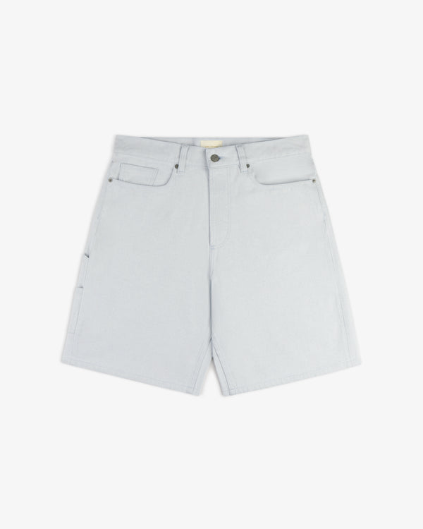 Light Wash Denim Short with front and side pockets, belt loops, and a button fly, laid flat on a white background.