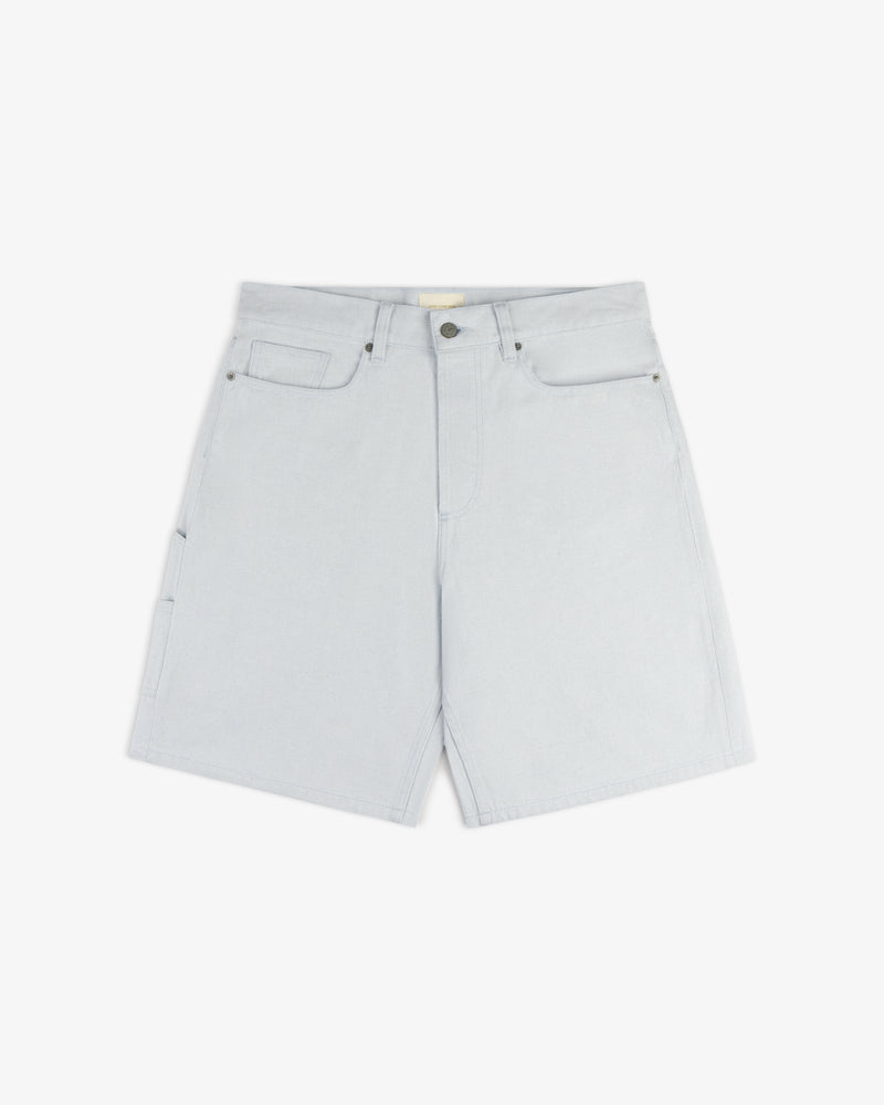 Light Wash Denim Short with front and side pockets, belt loops, and a button fly, laid flat on a white background.