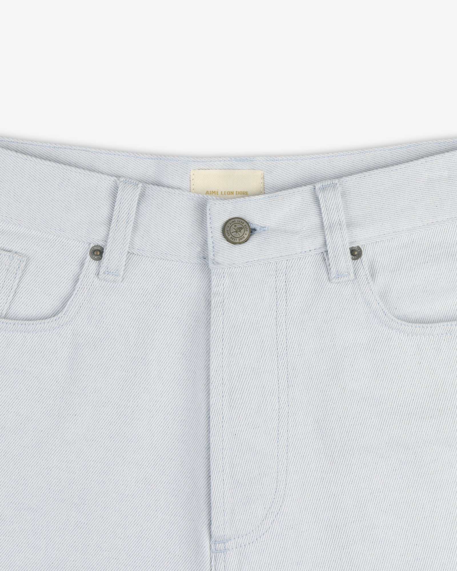 Close-up of the waistband and front button of Light Wash Denim Short with belt loops and pockets.