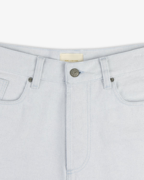 Close-up of the waistband and front button of Light Wash Denim Short with belt loops and pockets.
