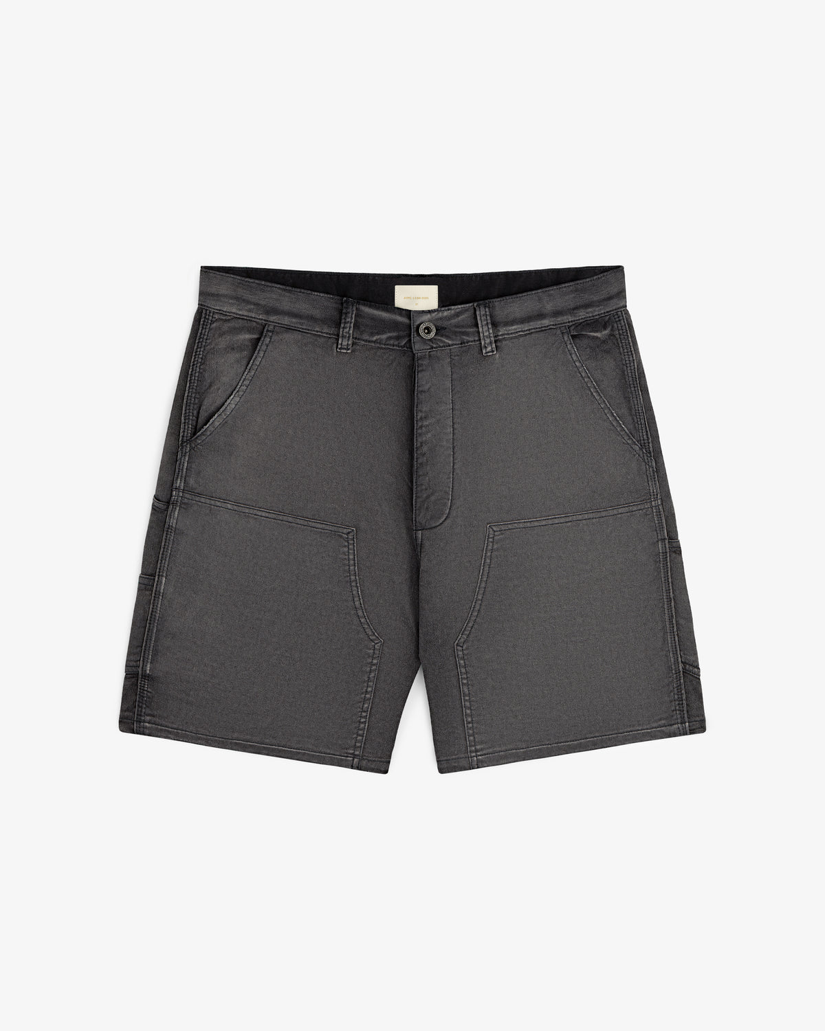 Garment Dyed Carpenter Short in dark gray with front pockets, belt loops, and a button closure, laid flat on white.