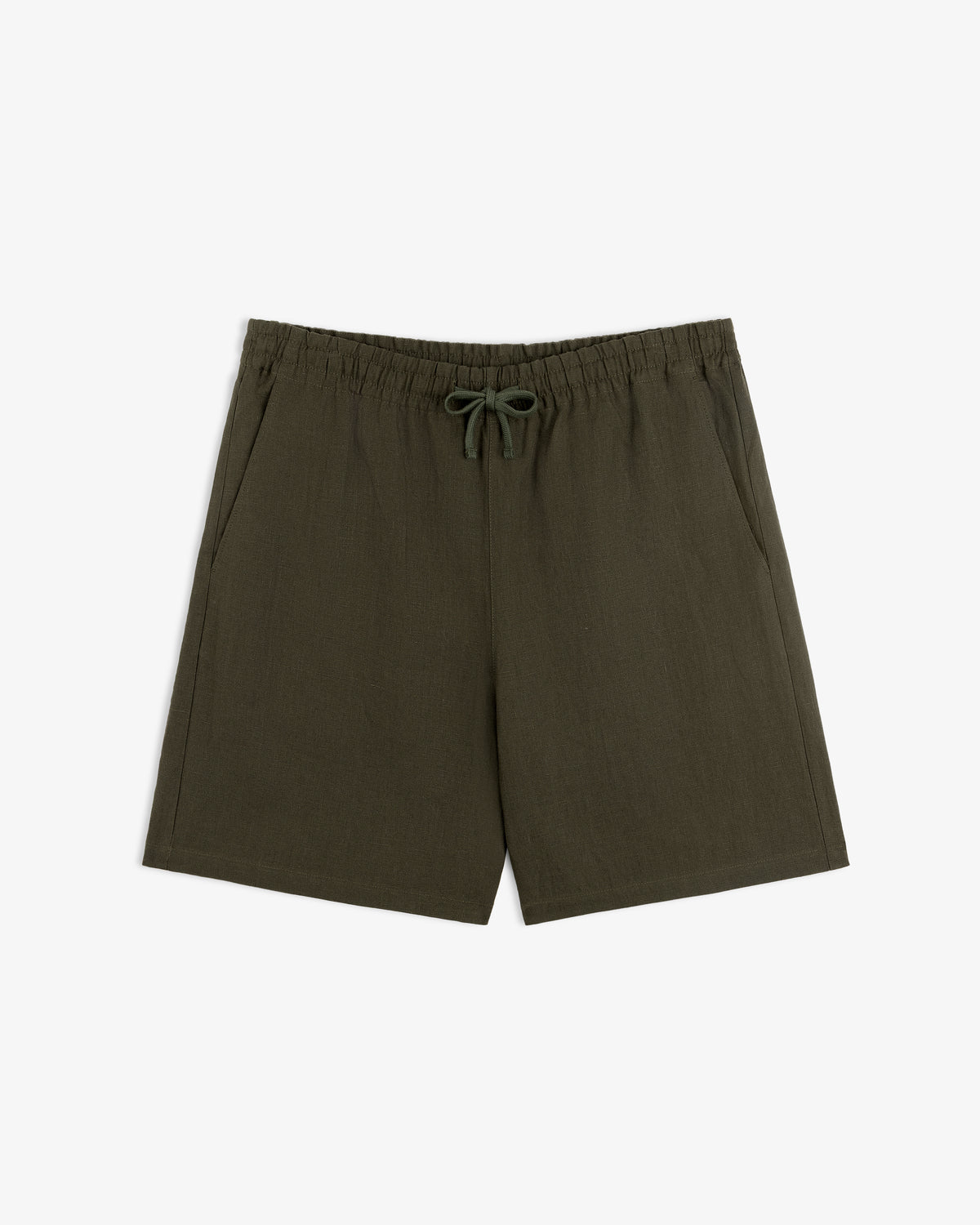 Linen Leisure Short in olive green with drawstring and side pockets, shown flat on a white background.