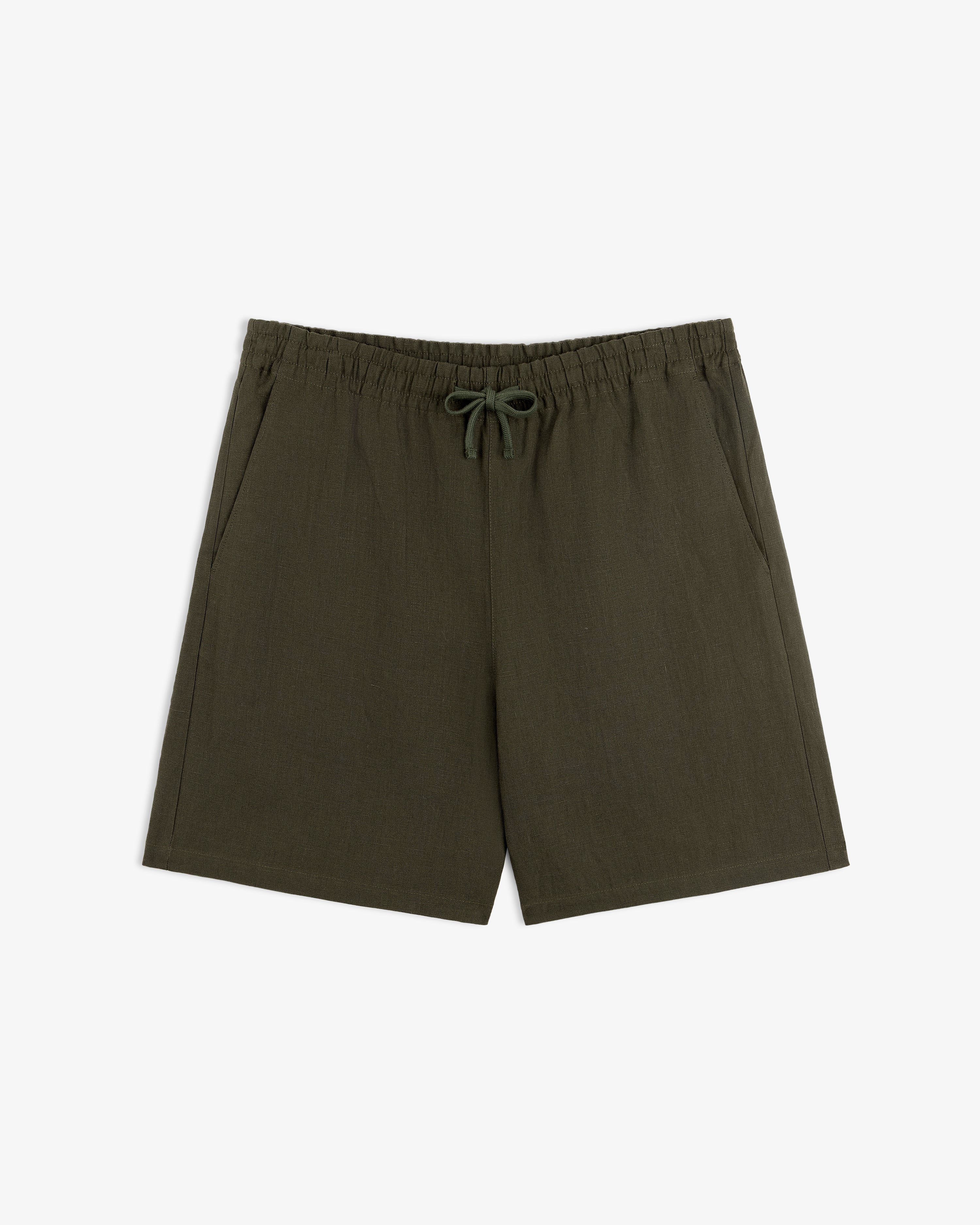 Linen Leisure Short in olive green with drawstring and side pockets, shown flat on a white background.