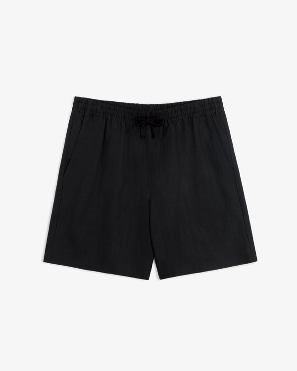 Linen Leisure Short in black with drawstring and elastic waistband, laid flat on a white background.