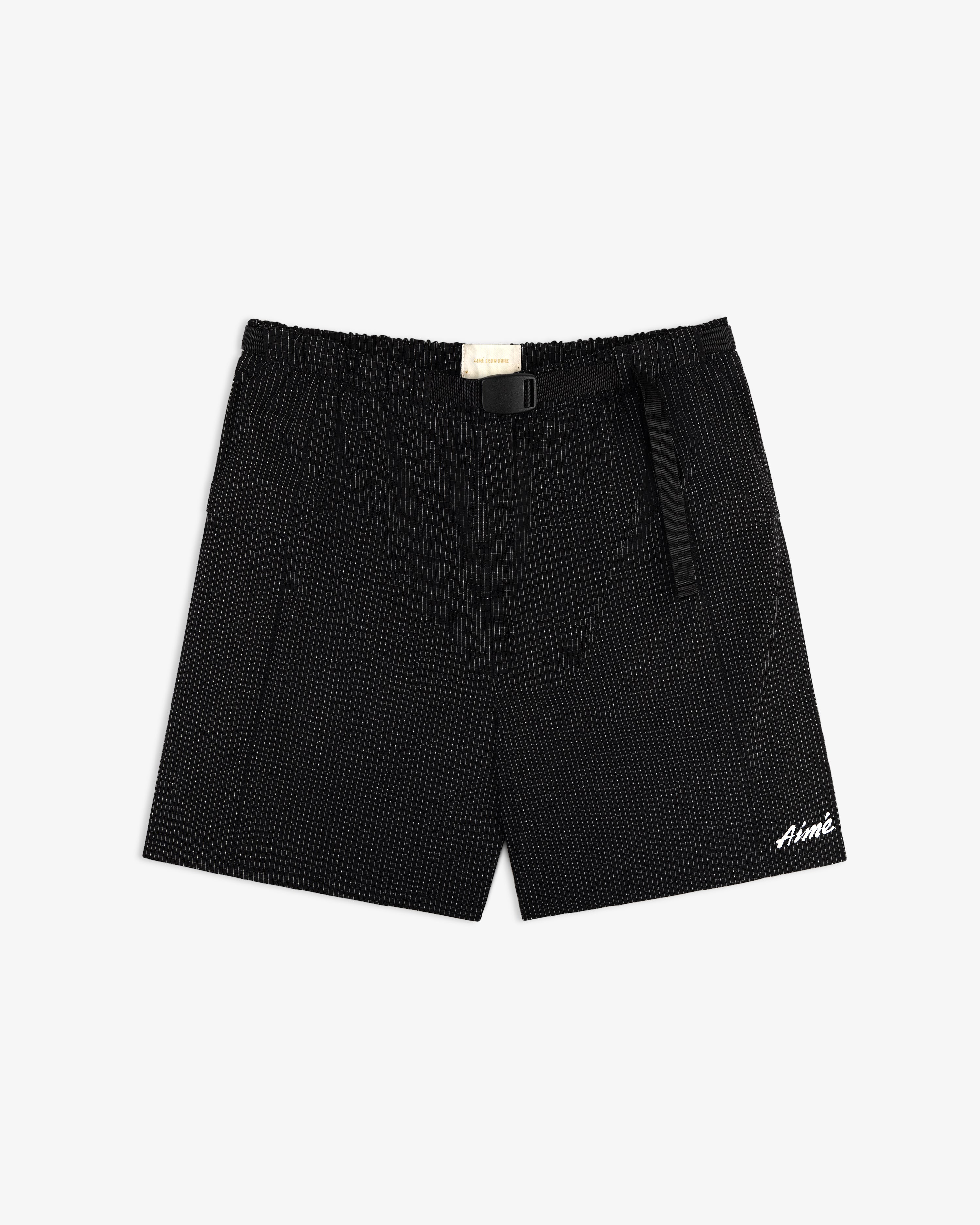 Ripstop Nylon Wave Short with a subtle check pattern, elastic waist, belt, and Aimé embroidery on the lower leg.
