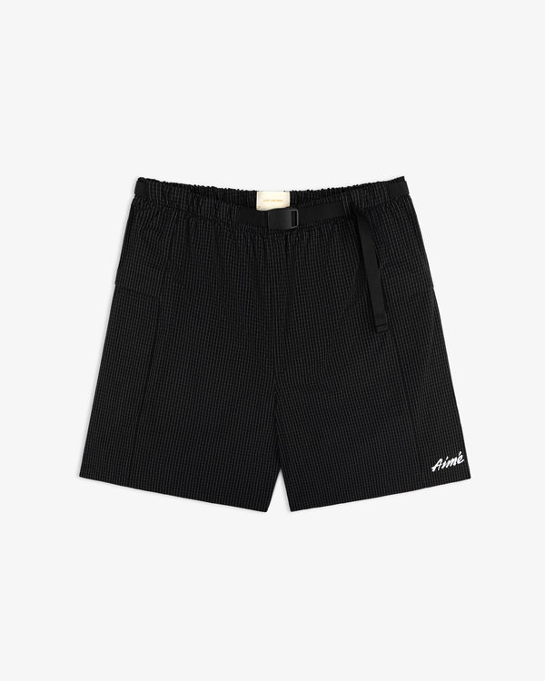 Ripstop Nylon Wave Short with a subtle check pattern, elastic waist, belt, and Aimé embroidery on the lower leg.