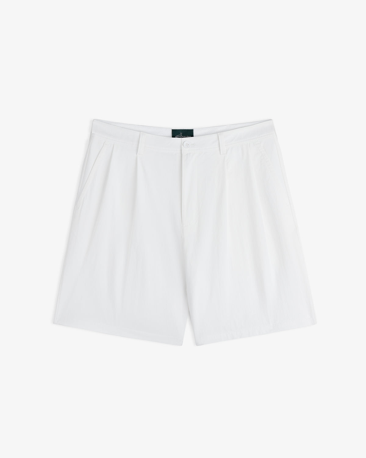 ALD Golf Cordura Double Pleated Short in white with front pleats, side pockets, and waistband on white background.