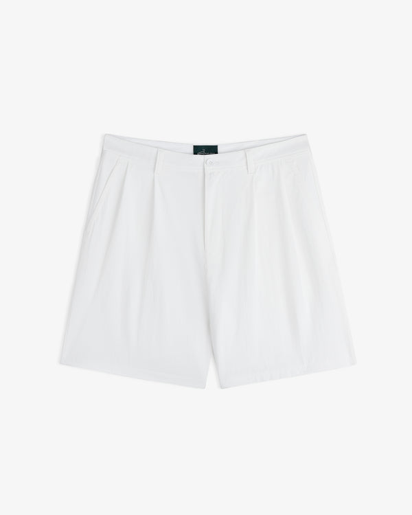 Women's Long Short Test: white pleated shorts with side pockets, button closure, and belt loops on white background.