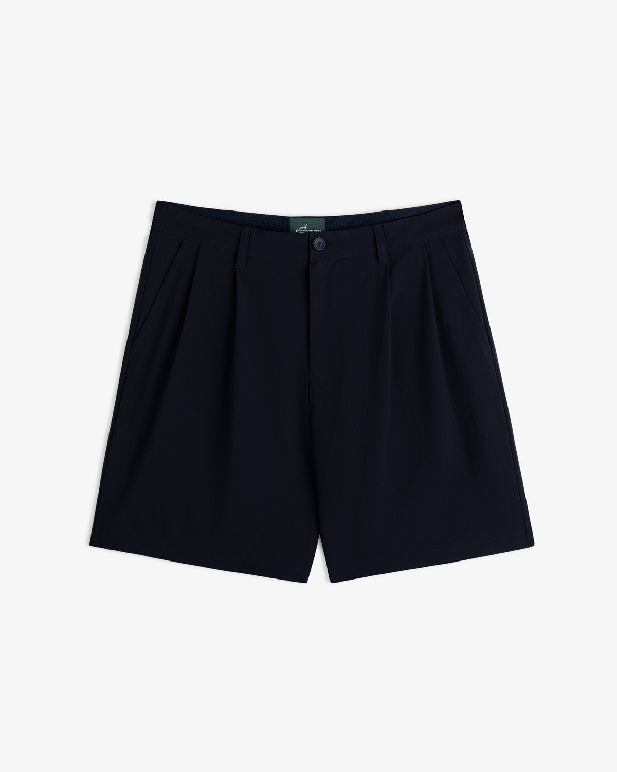 ALD Golf Cordura Double Pleated Short in navy blue with button and zip closure, shown on white background.