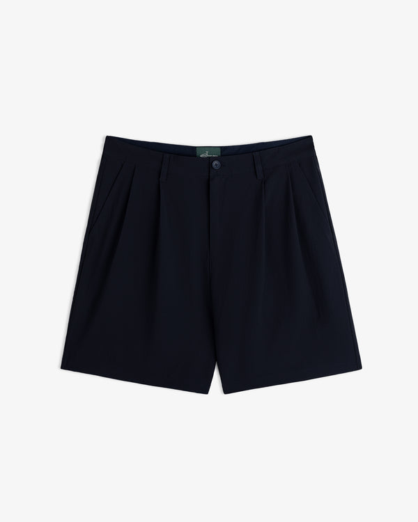 ALD Golf Cordura Double Pleated Short in navy blue with button and zip closure, shown on white background.