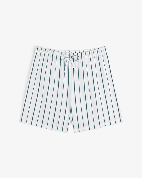 Striped Poplin Leisure Short: White shorts with dark vertical stripes, elastic waistband, and front drawstring.