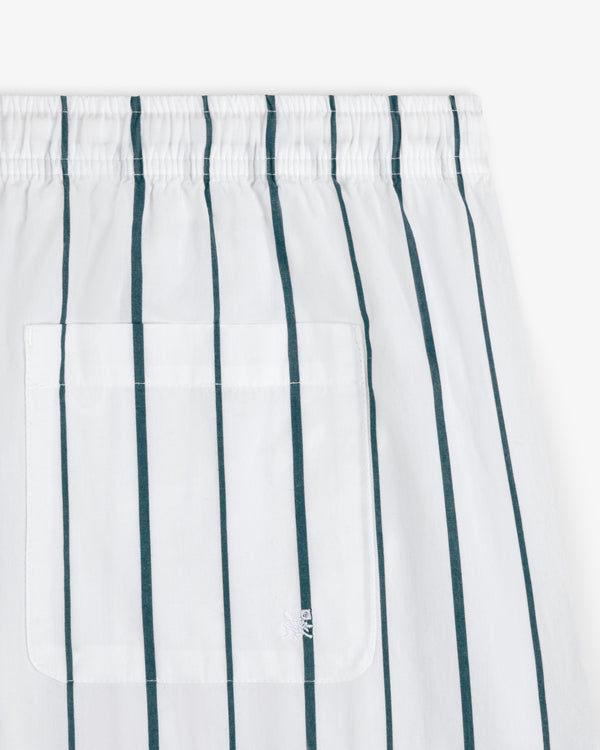 White poplin shorts with dark green vertical stripes and a square pocket—Striped Poplin Leisure Short.