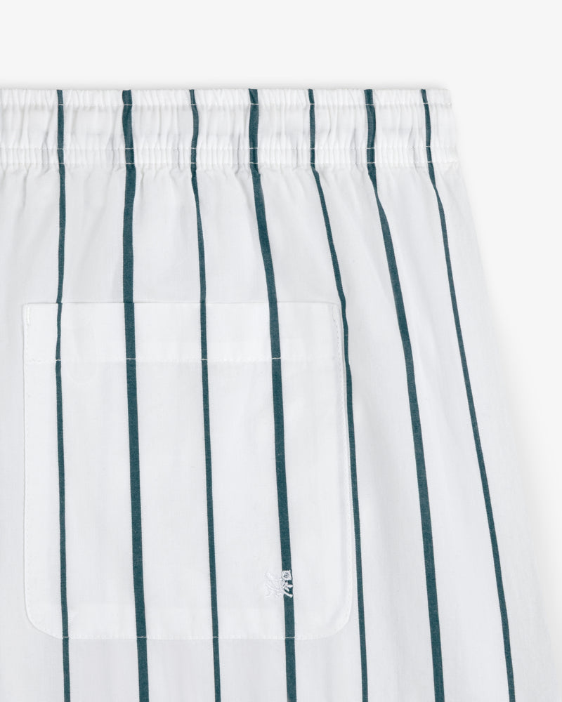 White poplin shorts with dark green vertical stripes and a square pocket—Striped Poplin Leisure Short.