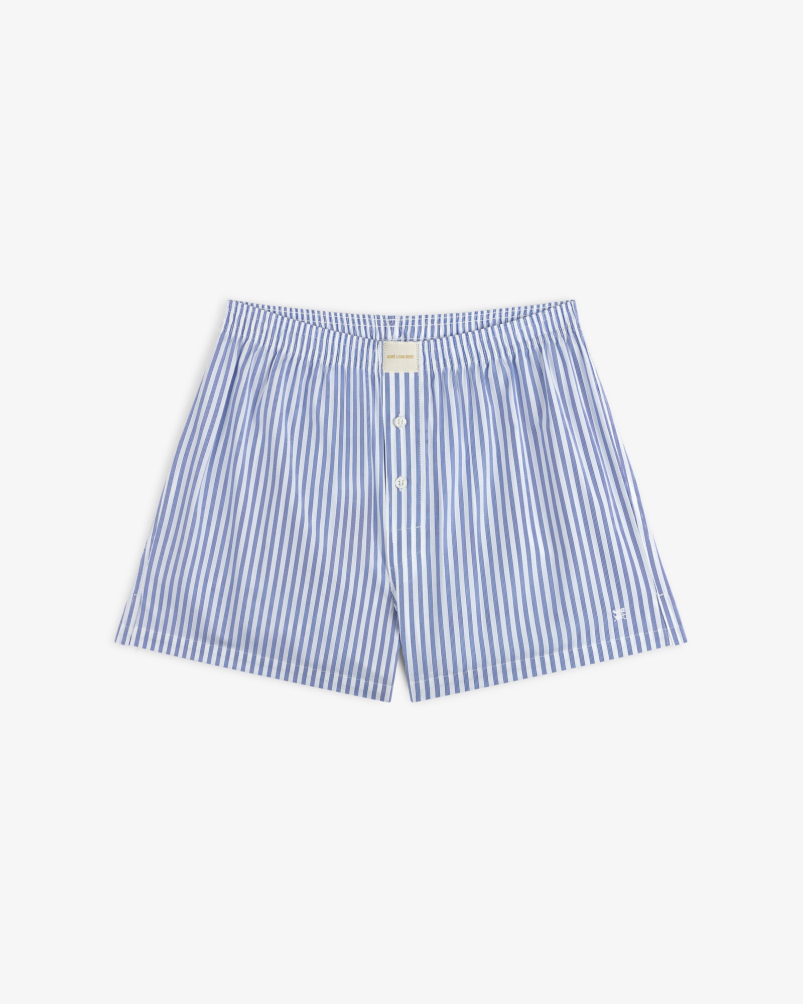 Striped Boxer Short in blue and white stripes with button fly, laid flat on a white background.