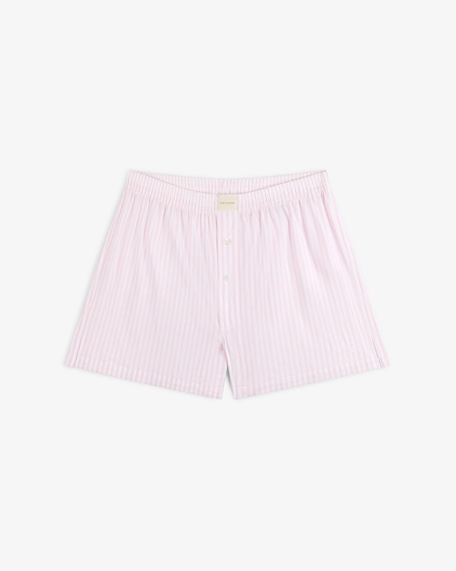 Striped Boxer Short in light pink and white with front buttons, shown flat on a white background.