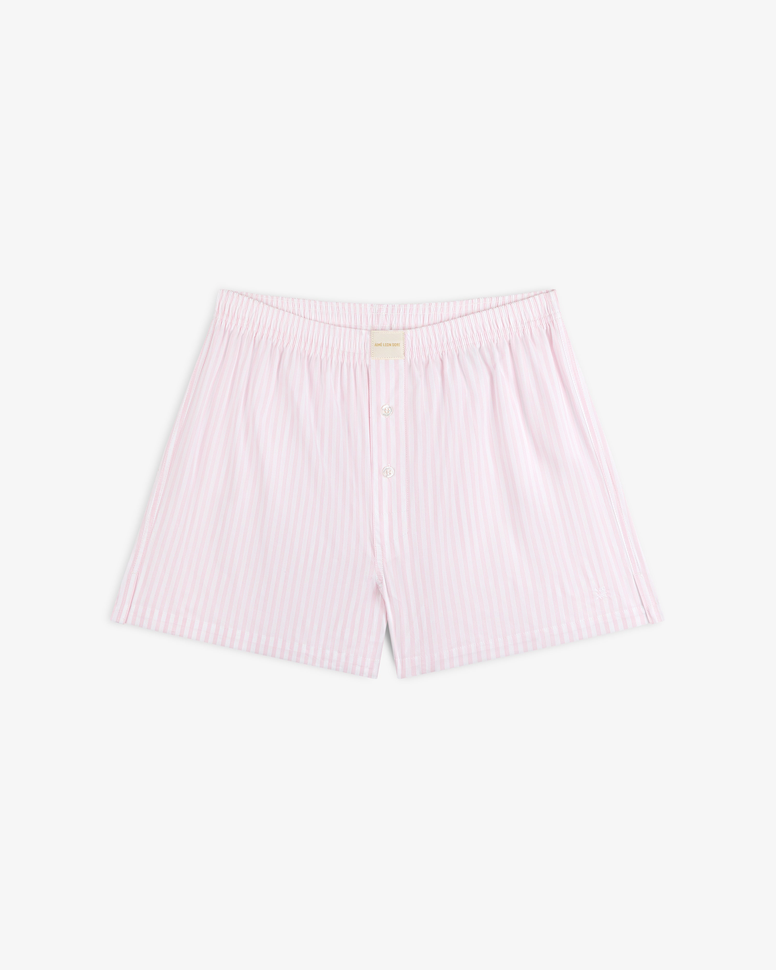 Striped Boxer Short in light pink and white with front buttons, shown flat on a white background.