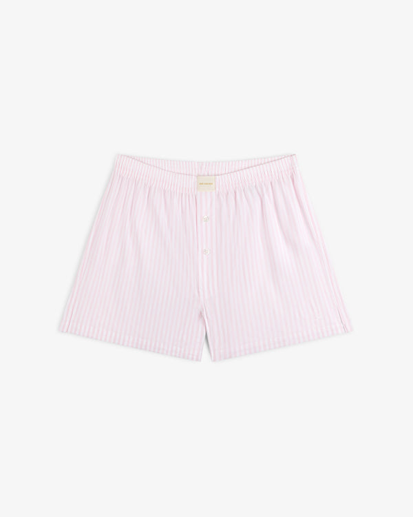 Striped Boxer Short in light pink and white with front buttons, shown flat on a white background.
