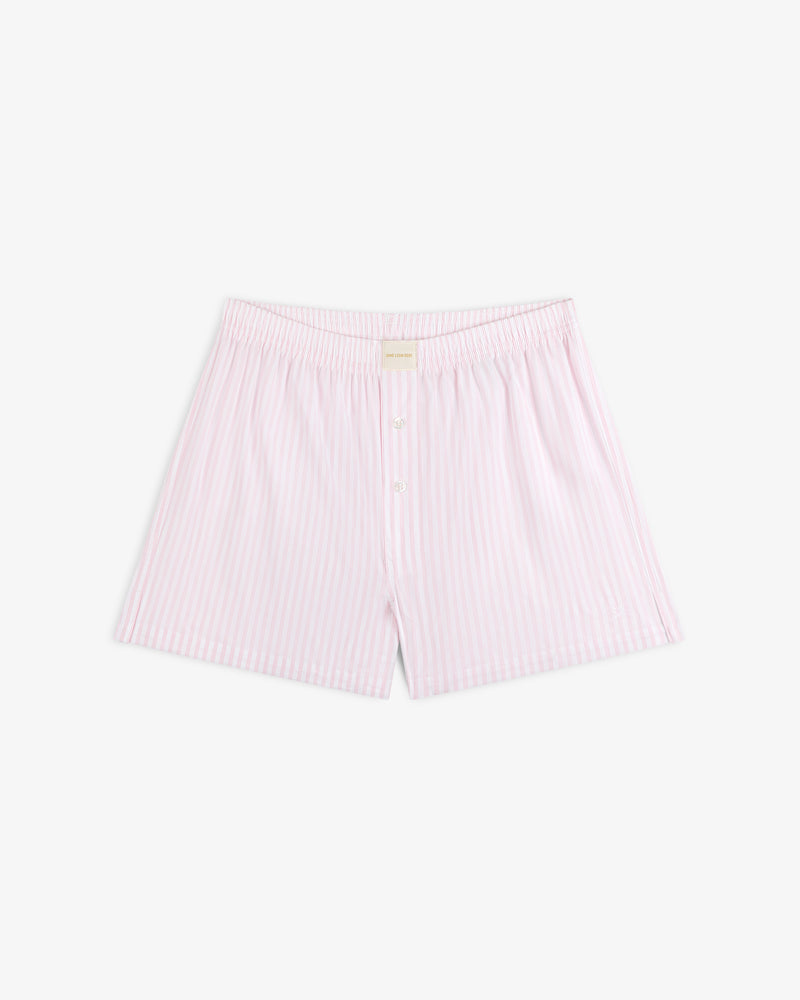 Striped Boxer Short in light pink and white with front buttons, shown flat on a white background.