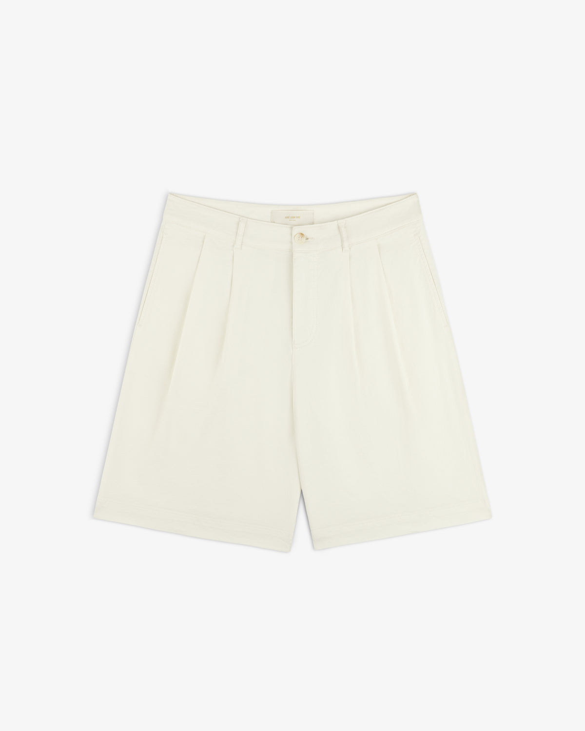 Cream Pleated Linen Blend Bermuda Shorts with slanted side pockets and button closure, shown on a white background.