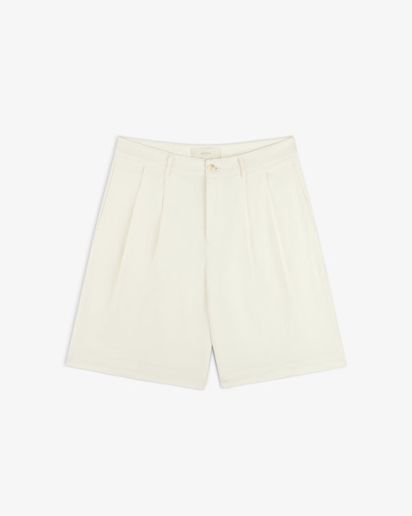 Cream Pleated Linen Blend Bermuda Shorts with slanted side pockets and button closure, shown on a white background.