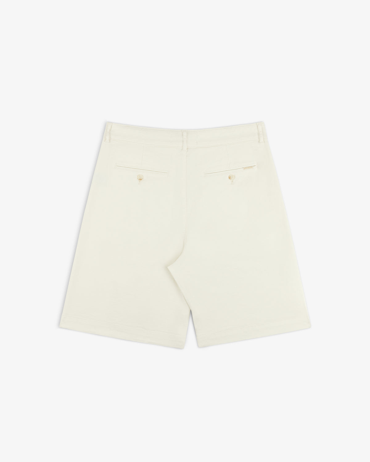 Back of Pleated Linen Blend Bermuda Short in cream, with two buttoned back pockets, shown on a white background.