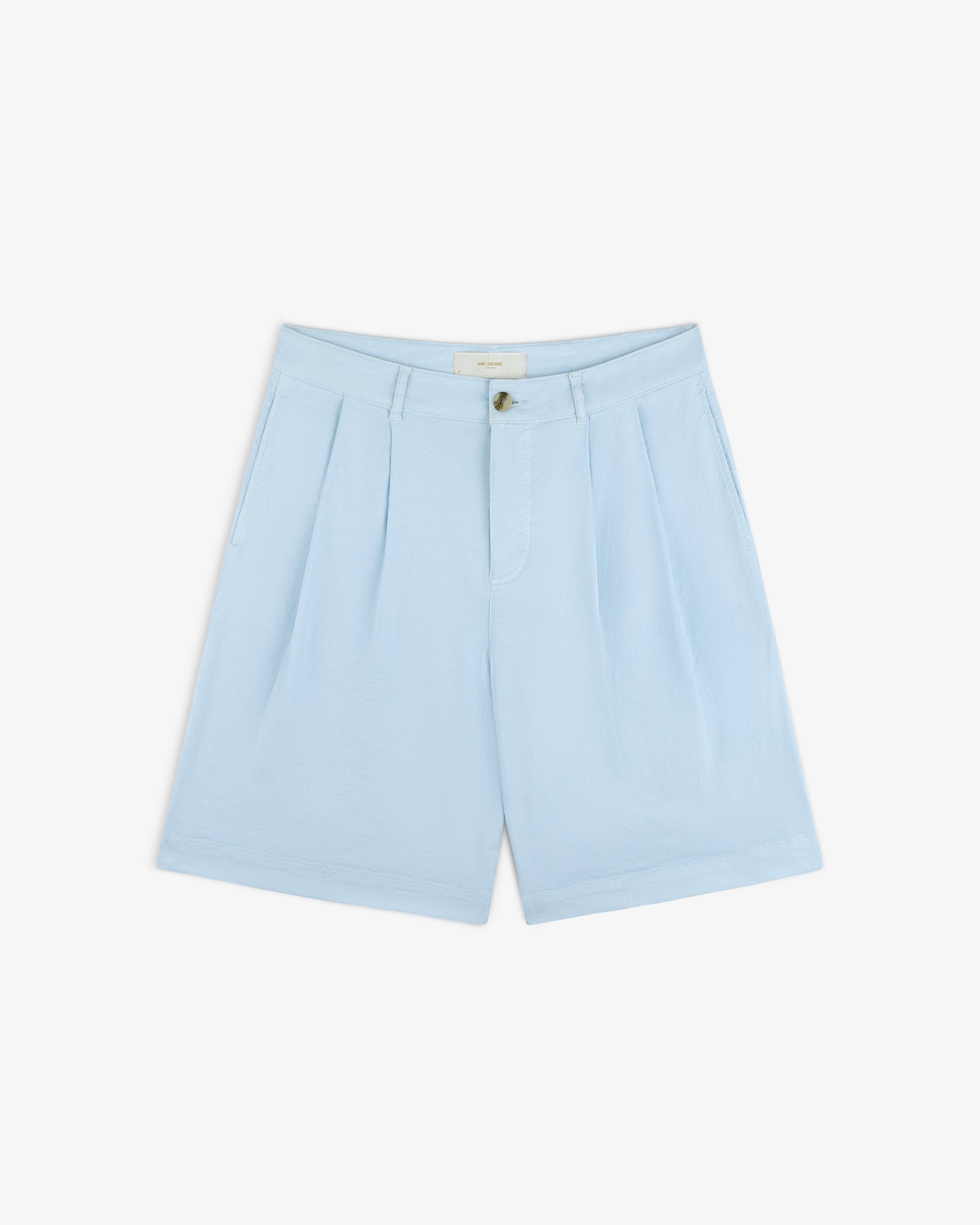Light blue Pleated Linen Blend Bermuda Short with button and zipper, laid flat on a white background.