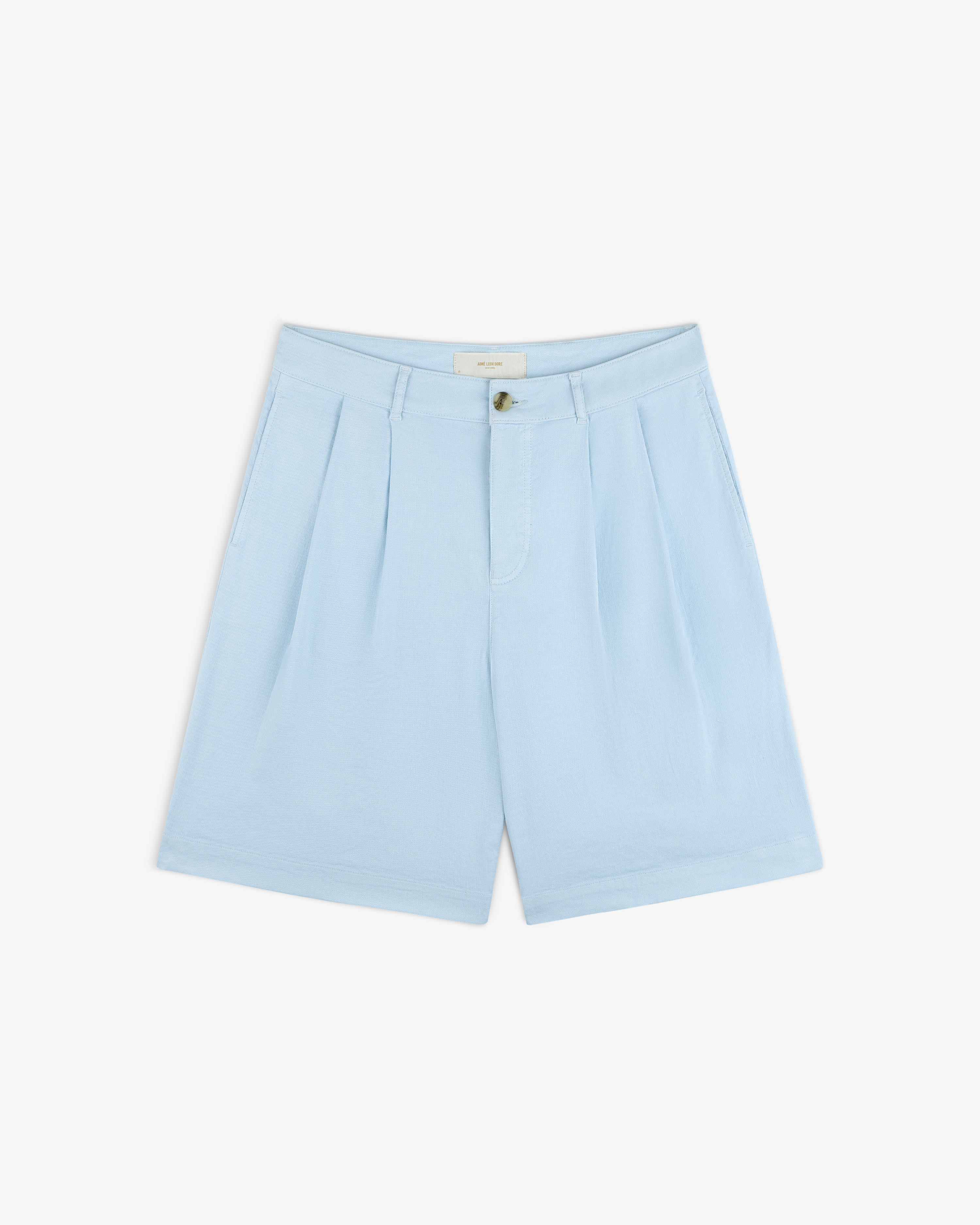 Light blue Pleated Linen Blend Bermuda Short with button and zipper, laid flat on a white background.